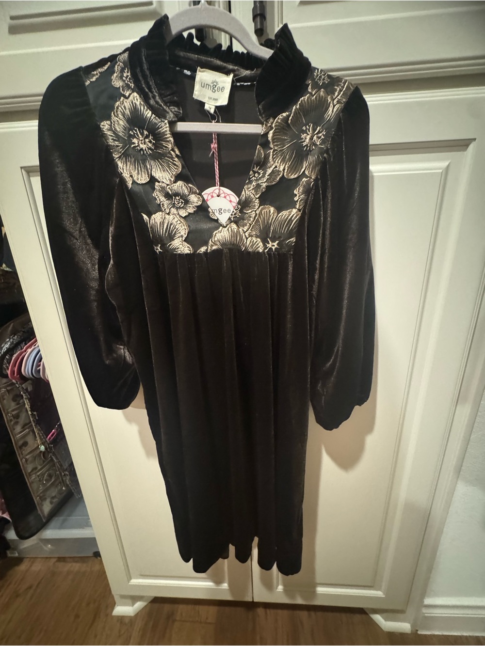 Umgee Dark Brown Velvet Floral-Yoke Women's Dress